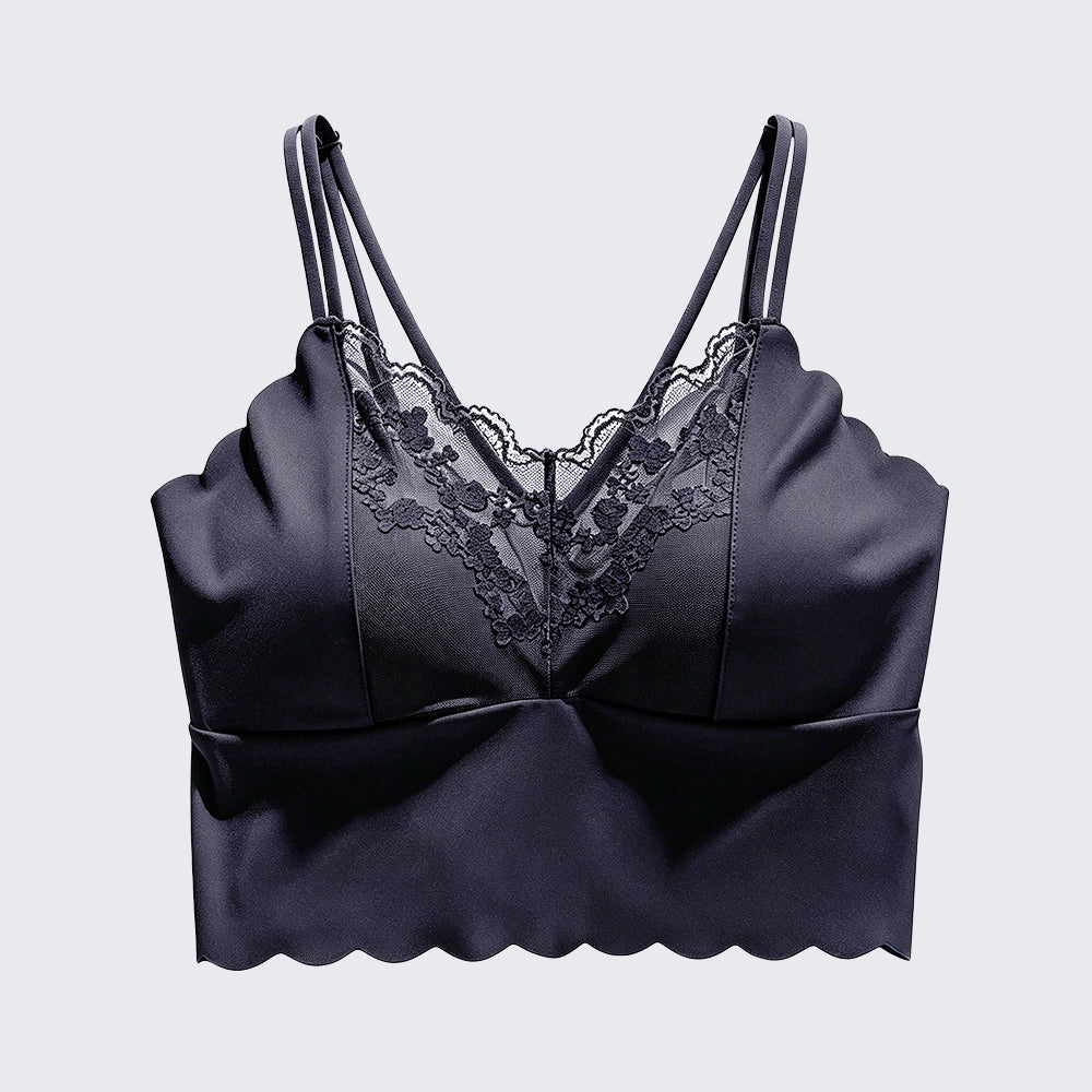 Satin-Feel Lace Trim Scalloped Camisole Built-in Bra Padded Top