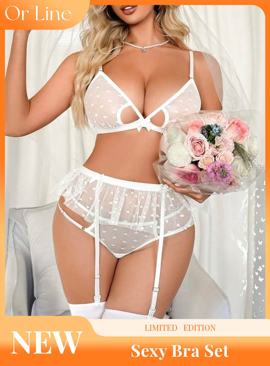 Sexy white lace embroidery embroidered bikini lingerie erotic three-point panties bra suspenders set