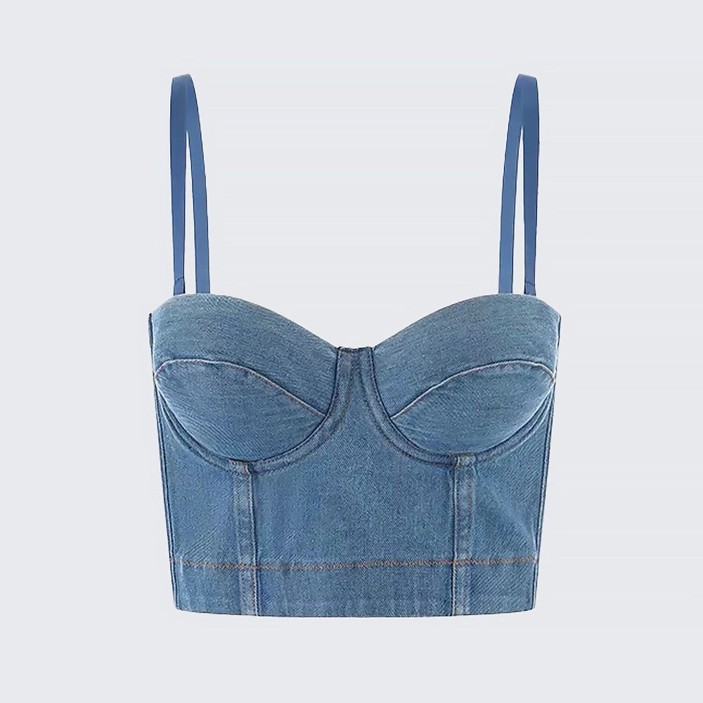 Women's Denim Corset Bustier Crop Top with Straps