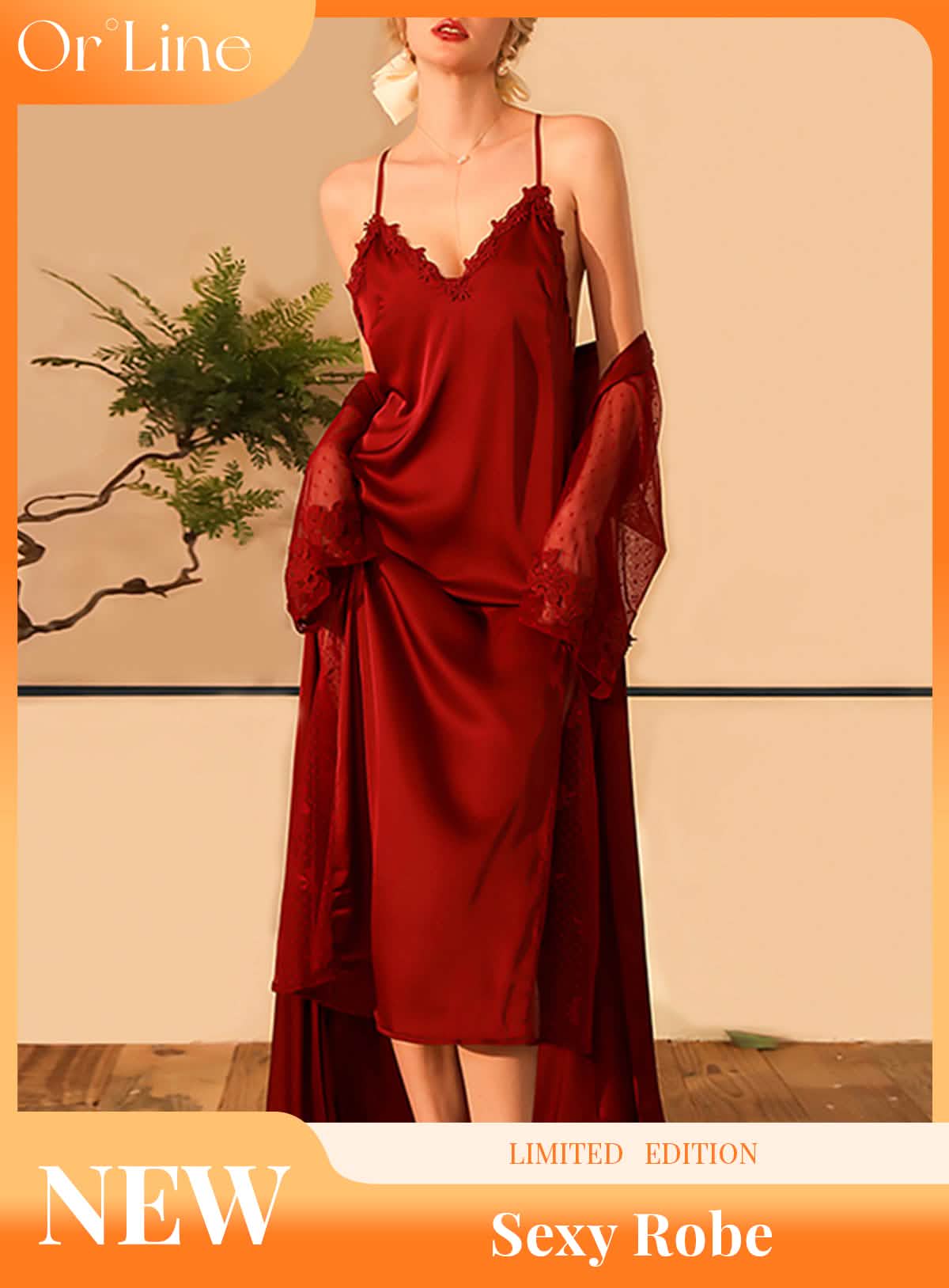 Sexy silk, court lace, embroidery, underwear, see-through, cut-out, open back, high slit sundress, pajamas, pajamas, nightgown, bathrobe, belt set