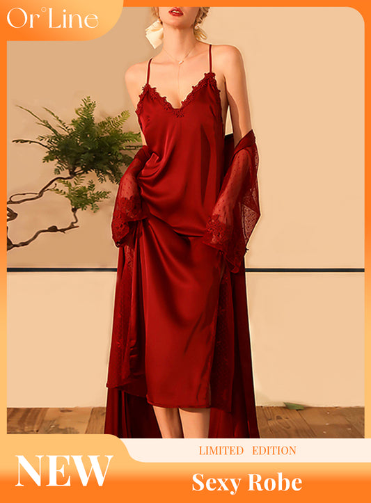 Sexy silk, court lace, embroidery, underwear, see-through, cut-out, open back, high slit sundress, pajamas, pajamas, nightgown, bathrobe, belt set