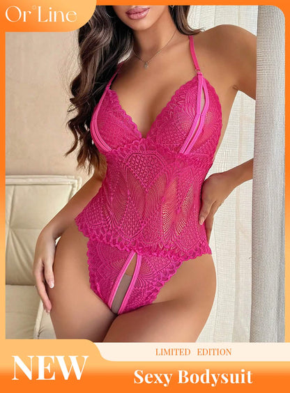 Sexy pink lace embroidery embroidered lingerie erotic wear see-through cutout seduction open pants jumpsuit