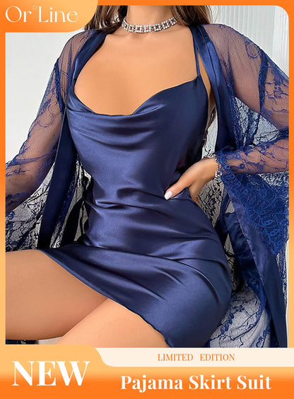 Sexy lace embroidered nightwear, sheer hollow robe, lingerie set, silk cami nightgown.