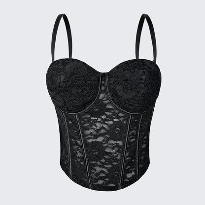 Lace Bustier Corset Top Padded Fishbone Crop Top Spaghetti Strap