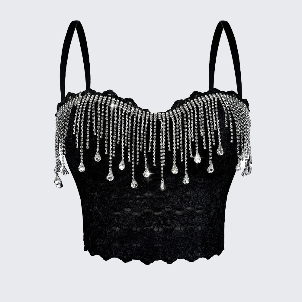 Rhinestone Fringe Corset Top Fishbone Bustier Spaghetti Strap Crop Top