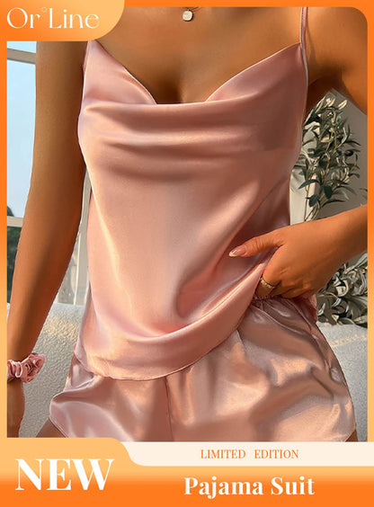 Sexy silk low-cut camisole and pants pajama set