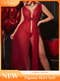 Sexy red lace middle slit lingerie erotic see-through cutout seduction panties set