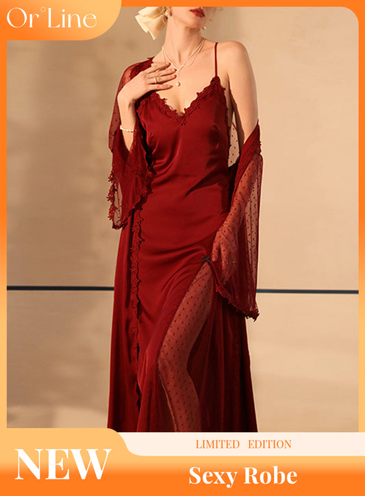 Sexy silk lace embroidery low cut open back see-through pajamas nightgown strap bathrobe high slit set
