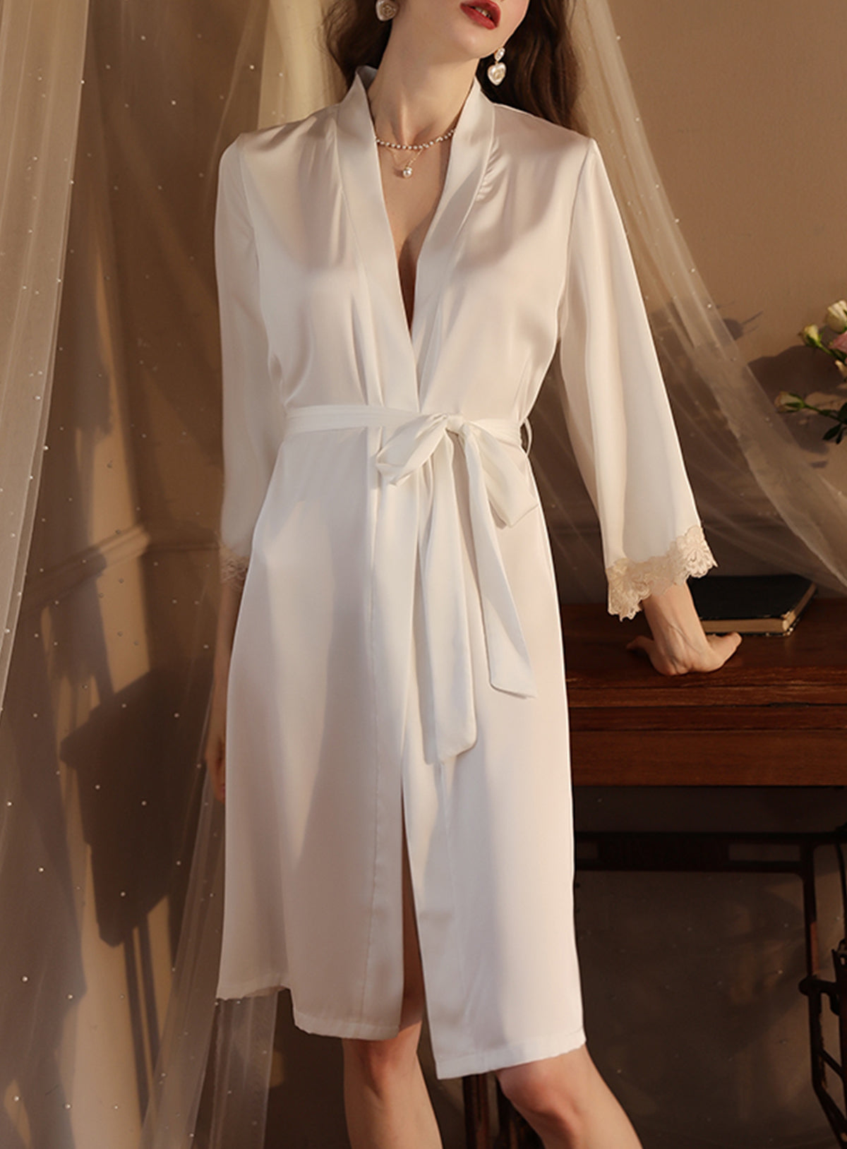 Sexy silk lace embroidery low cut backless sheer cut-out pajamas nightgowns sundress set bathrobes