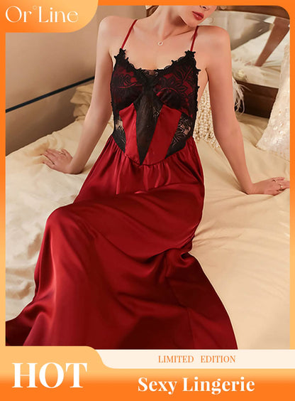 Sexy lace silk see-through suspender nightdress pajamas