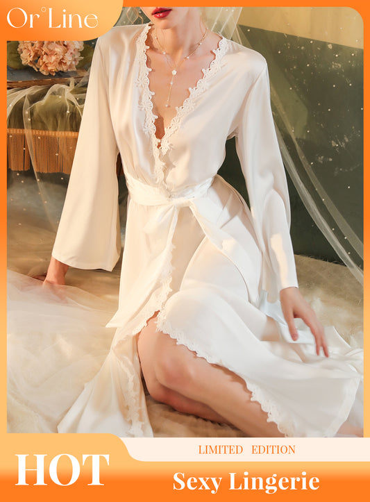 Sexy silk lace embroidery bridal backless belt belt low cut lingerie see-through cut-out seduction pajamas nightdress bathrobe