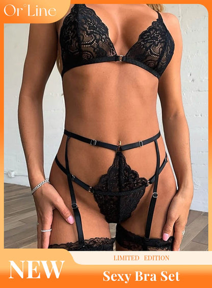 Sexy lace embroidered sheer hollow out bikini lingerie set with bra and panties.