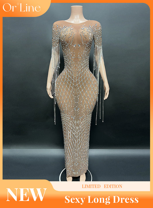 Aura – Crystal Beaded Fringe Gown