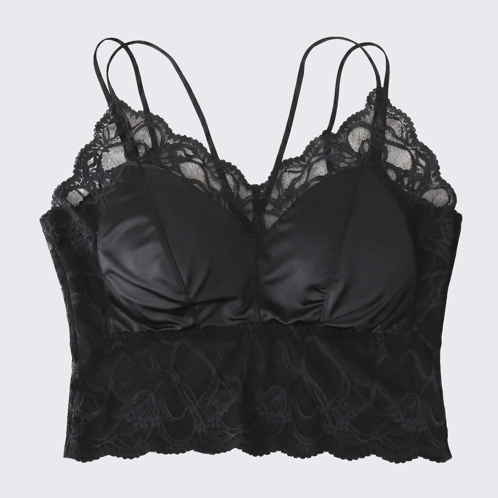 Satin Lace Backless Cami Cross Strap Built-in Fixed Cups Crop Top