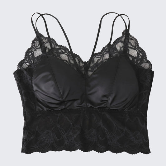 Satin Lace Backless Cami Cross Strap Built-in Fixed Cups Crop Top