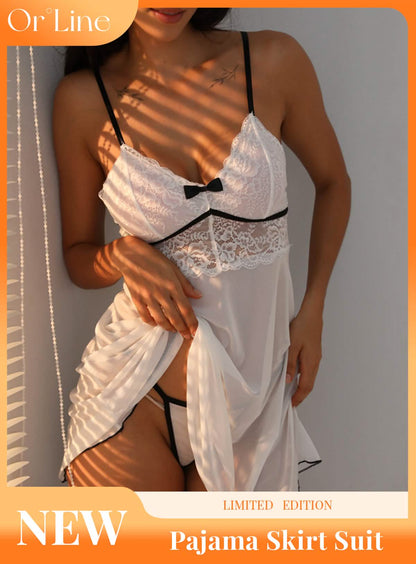 Sexy lace lingerie white lingerie see-through suspenders pajamas nightdress panties set