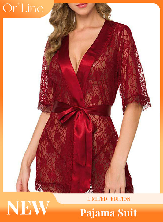 Sexy lace embroidered sleepwear, sheer hollow-out robe, lingerie set with belt and panties.