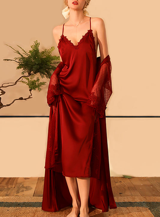 Sexy silk, court lace, embroidery, underwear, see-through, cut-out, open back, high slit sundress, pajamas, pajamas, nightgown, bathrobe, belt set