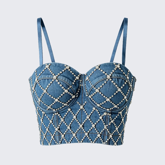 Rhinestone Denim Corset Top Underwire Bustier Spaghetti Strap Crop Top