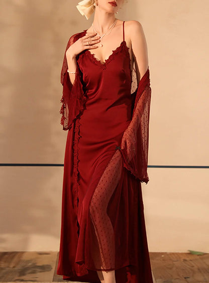 Sexy silk lace embroidery low cut open back see-through pajamas nightgown strap bathrobe high slit set