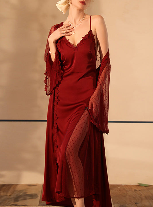 Sexy silk lace embroidery low cut open back see-through pajamas nightgown strap bathrobe high slit set