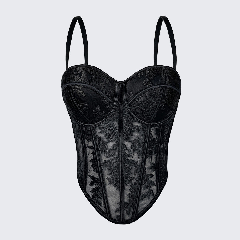 Embroidered Boned Corset Top Built-in Pad Sheer Bustier Camisole