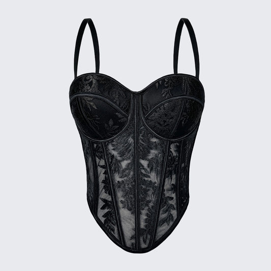 Embroidered Boned Corset Top Built-in Pad Sheer Bustier Camisole