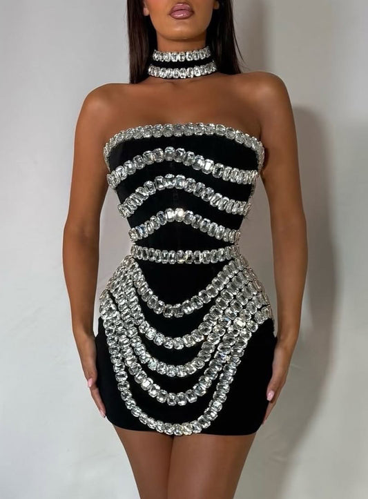Celestia – Crystal-Draped Strapless Mini Dress