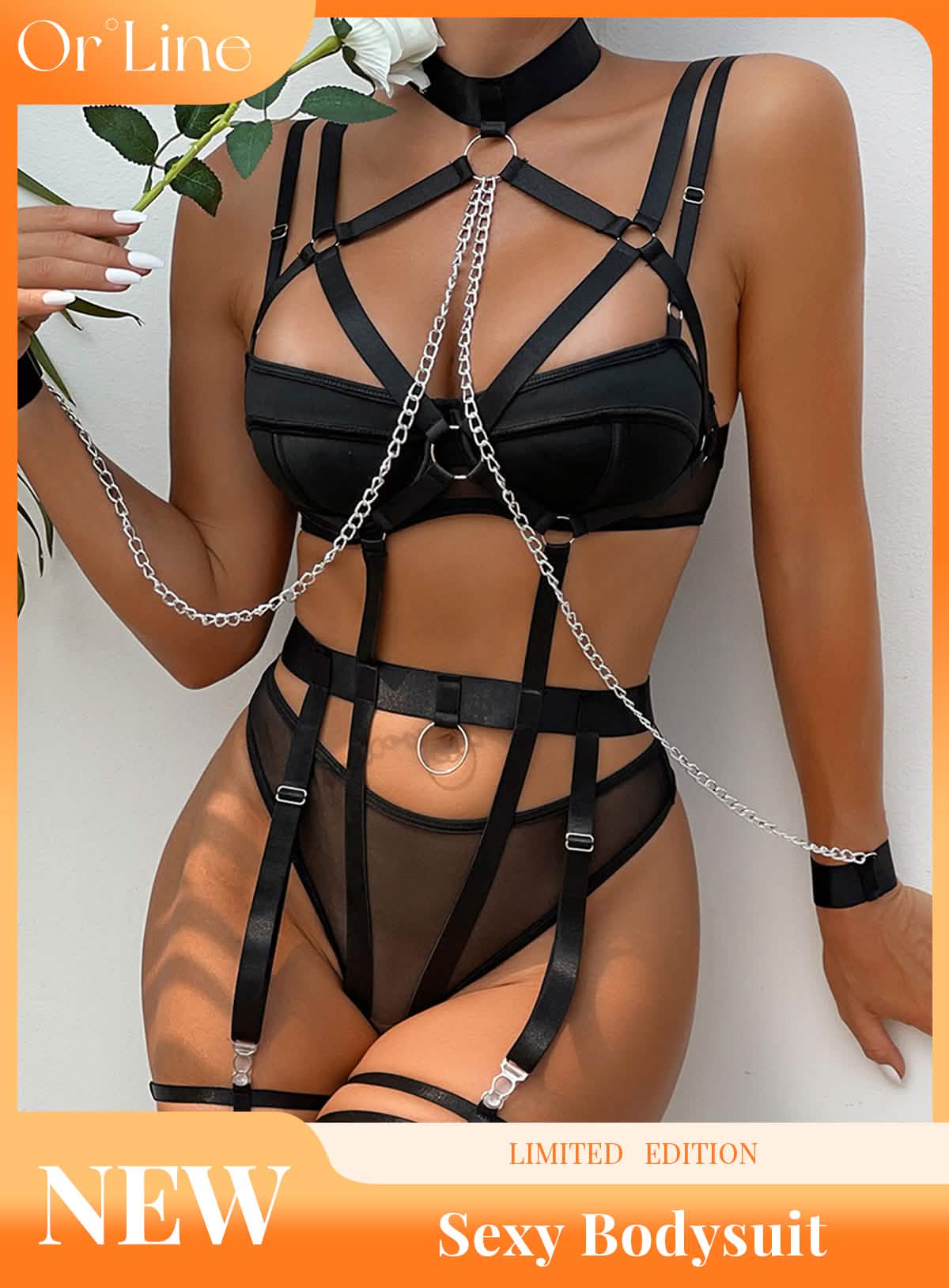 Sexy lace metal chain bikini underwear