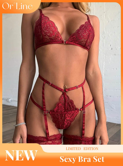 Sexy lace embroidered sheer hollow out bikini lingerie set with bra and panties.