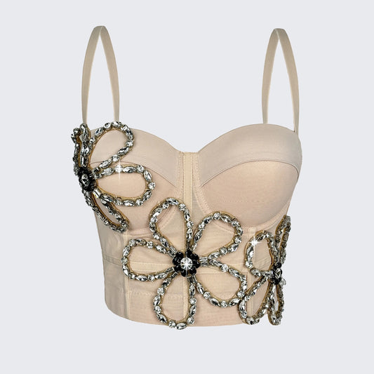 Rhinestone Floral Mesh Corset Top Padded Bustier Semi-Sheer Crop Top