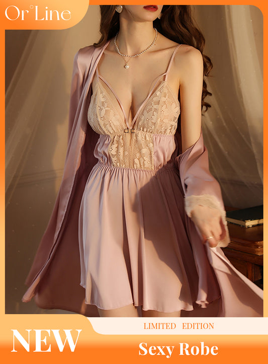 Sexy silk lace embroidery low cut backless sheer cut-out pajamas nightgowns sundress set bathrobes