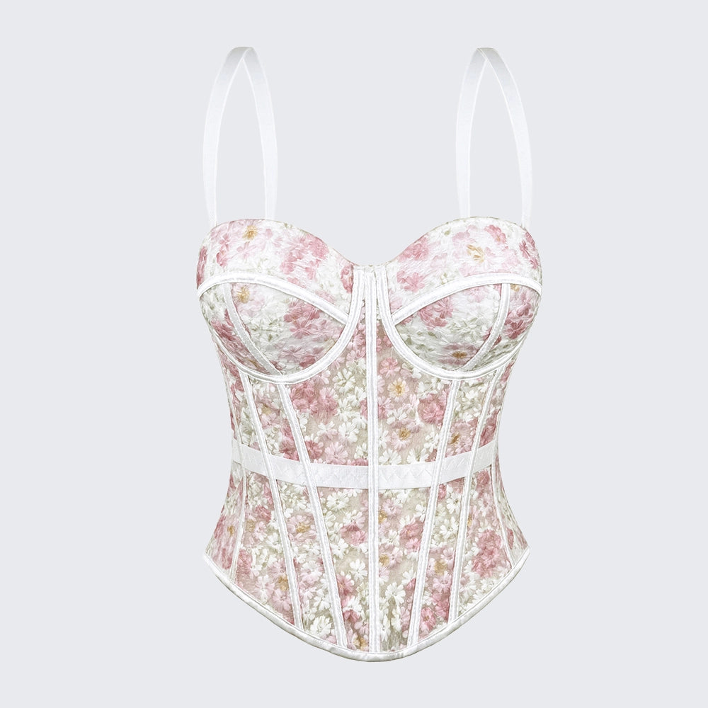 Floral Mesh Corset Top Underwire Bustier Sheer Crop Top Spaghetti Strap