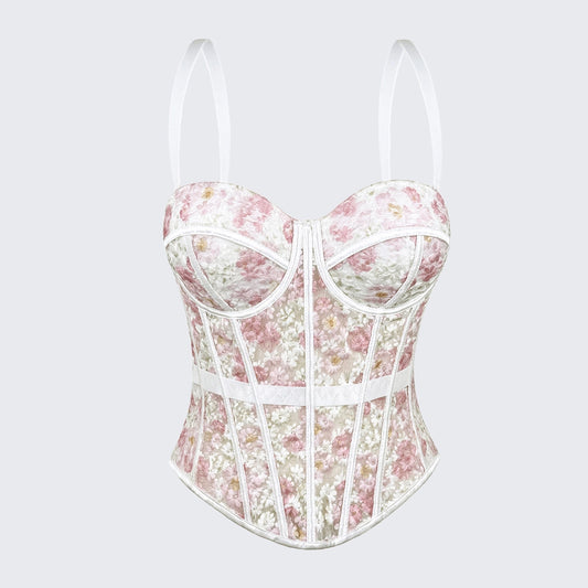 Floral Mesh Corset Top Underwire Bustier Sheer Crop Top Spaghetti Strap