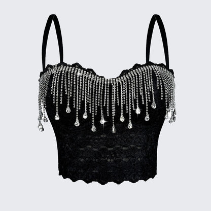 Rhinestone Fringe Corset Top Fishbone Bustier Spaghetti Strap Crop Top