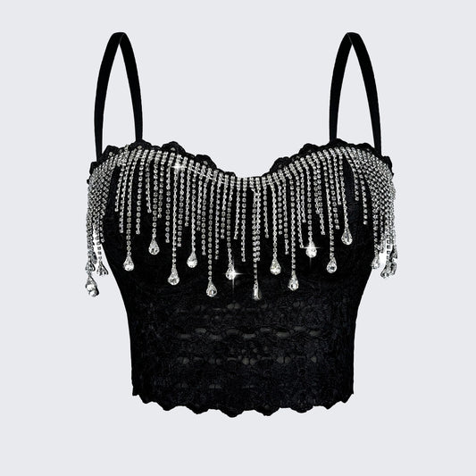 Rhinestone Fringe Corset Top Fishbone Bustier Spaghetti Strap Crop Top