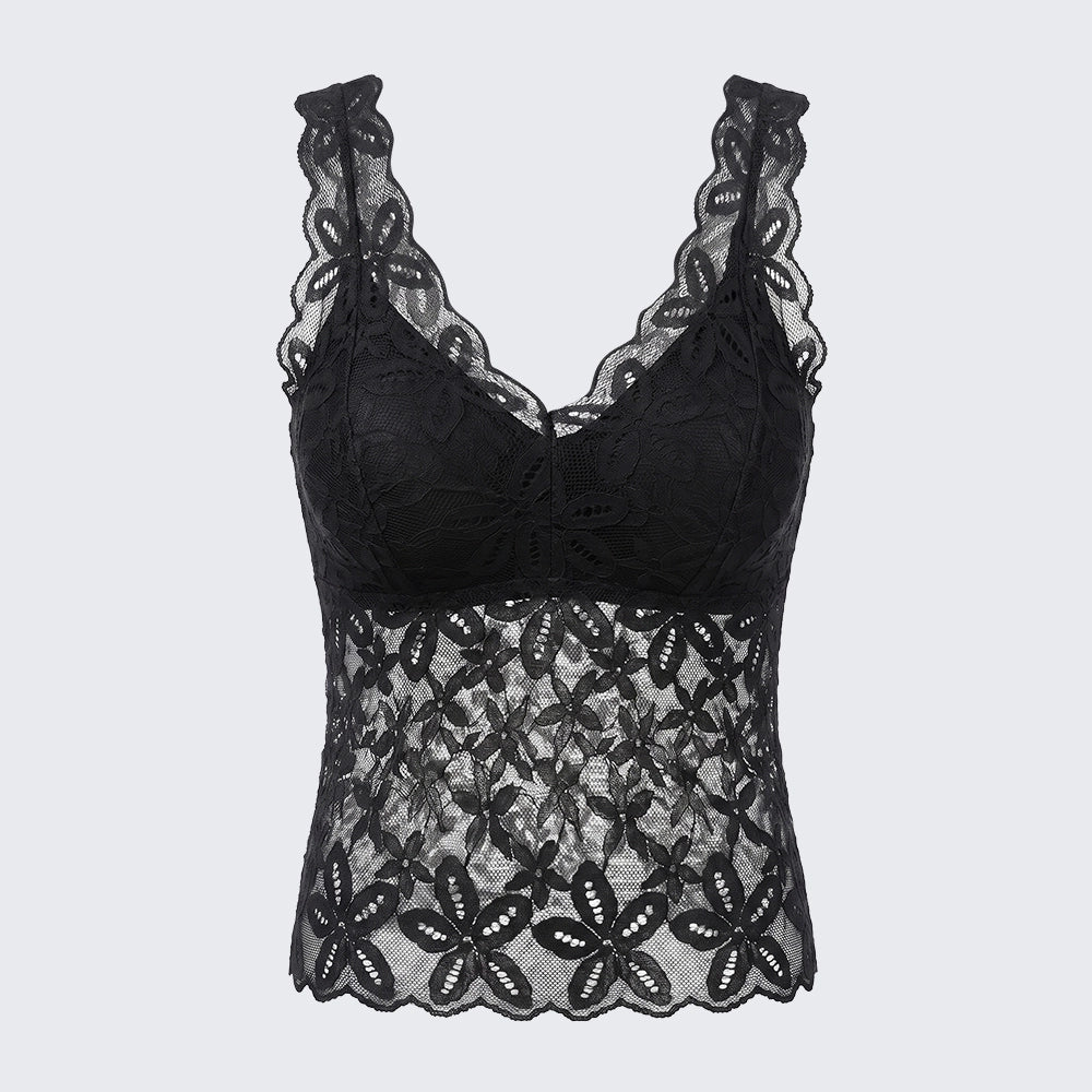 Floral Sheer Lace V Neck Camisole Built-in Bra Padded Top