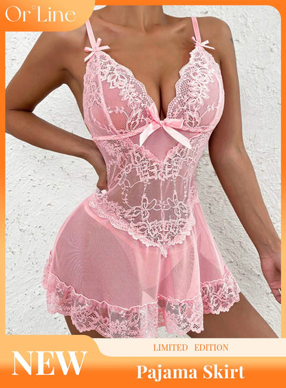 Sexy lace embroidery lingerie dress perspective hollow sexy outfit pajamas suspender skirt nightdress tutu skirt miniskirt