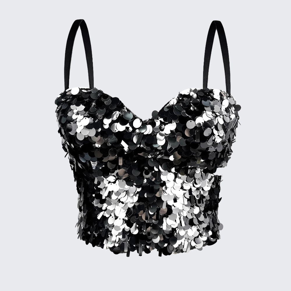Sequin Corset Top Fishbone Bustier Spaghetti Strap Party Crop Top