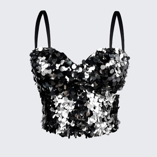 Sequin Corset Top Fishbone Bustier Spaghetti Strap Party Crop Top
