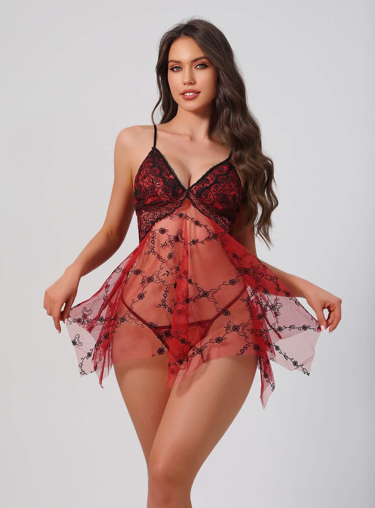2 Piece of Red See-through Lace Nightdress Set