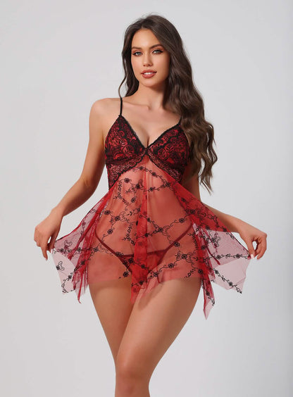 2 Piece of Red See-through Lace Nightdress Set