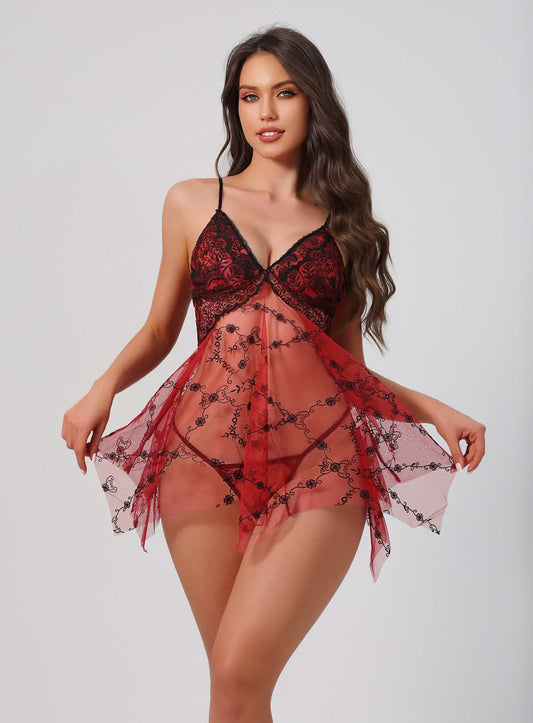 2 Piece of Red See-through Lace Nightdress Set