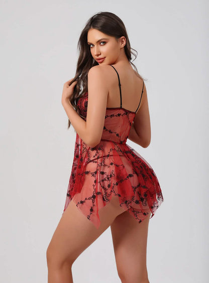 2 Piece of Red See-through Lace Nightdress Set