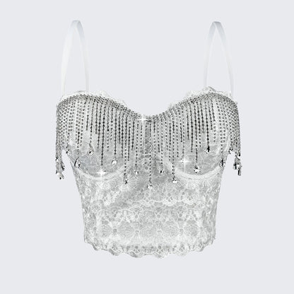 Rhinestone Fringe Corset Top Fishbone Bustier Spaghetti Strap Crop Top