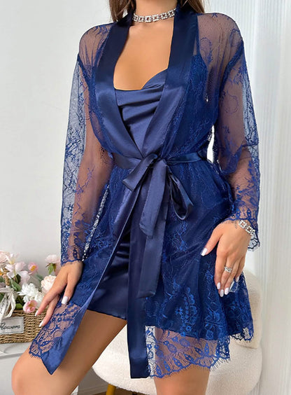 Sexy lace embroidered nightwear, sheer hollow robe, lingerie set, silk cami nightgown.