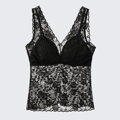Floral Lace V Neck Camisole Built-in Bra Plus Size Top