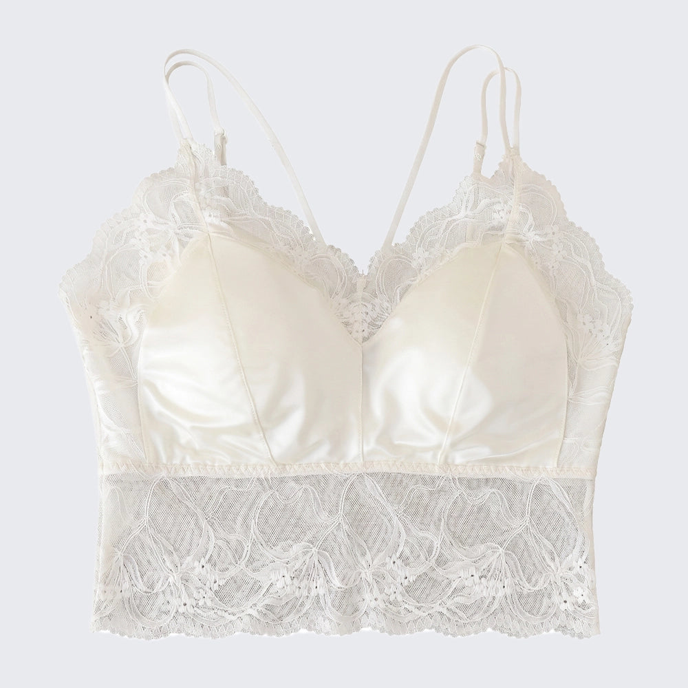 Satin Lace Backless Cami Cross Strap Built-in Fixed Cups Crop Top