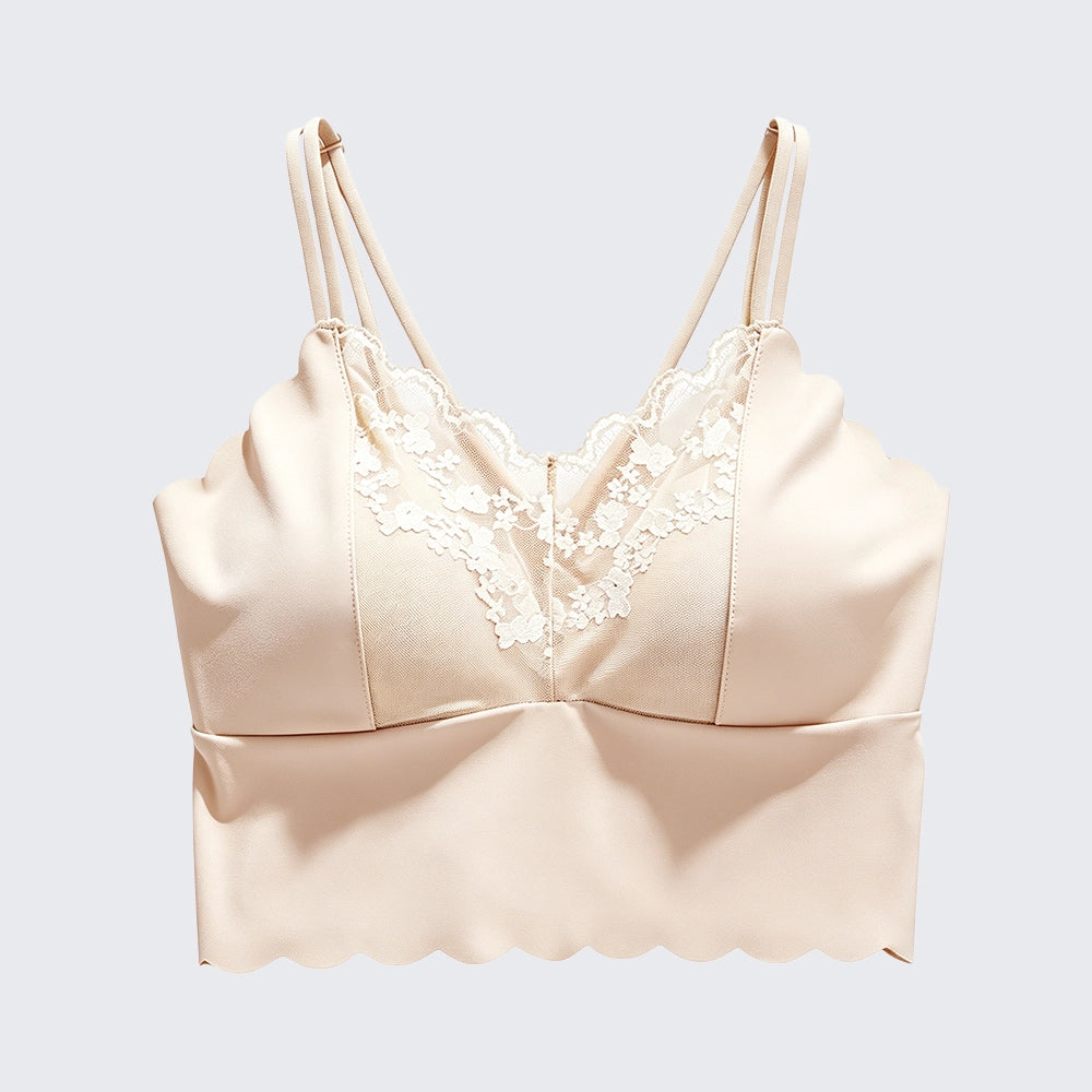Satin-Feel Lace Trim Scalloped Camisole Built-in Bra Padded Top