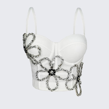 Rhinestone Floral Mesh Corset Top Padded Bustier Semi-Sheer Crop Top